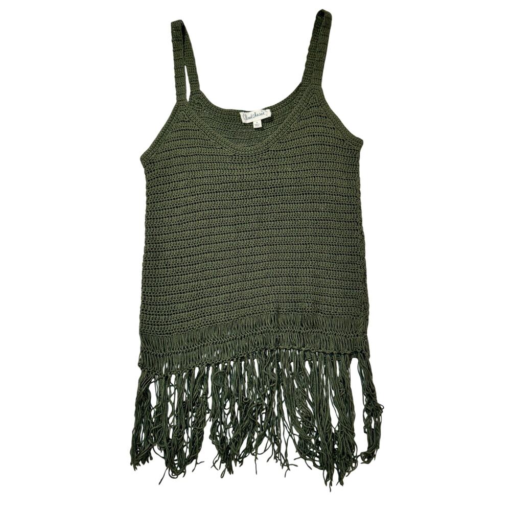 Olive Green Crochet Fringe Hem Tank Top Boho Festival Knit Women's Small Indie
